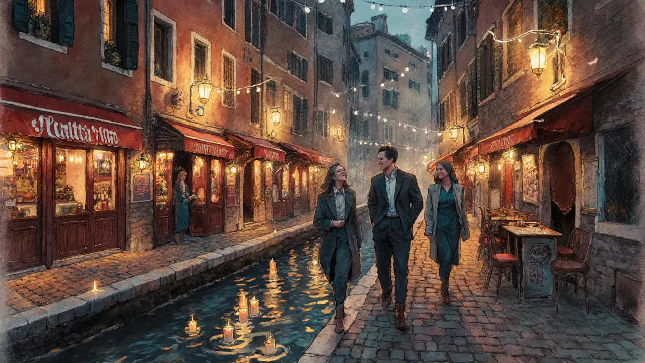 Locals strolling along lit canals at night in Navigli, surrounded by hidden bars and soft lantern light.