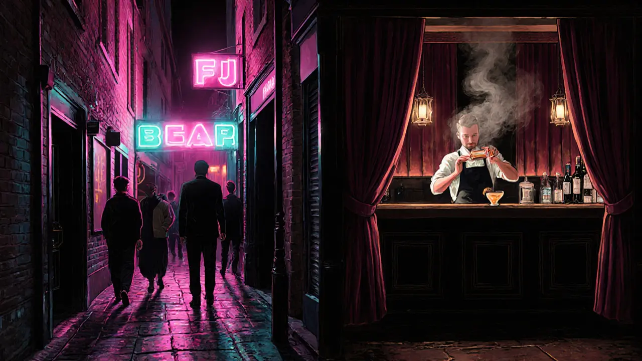 Neon-lit Soho alley leading to a nightclub, with a bartender pouring a smoky cocktail in a dimly lit bar.