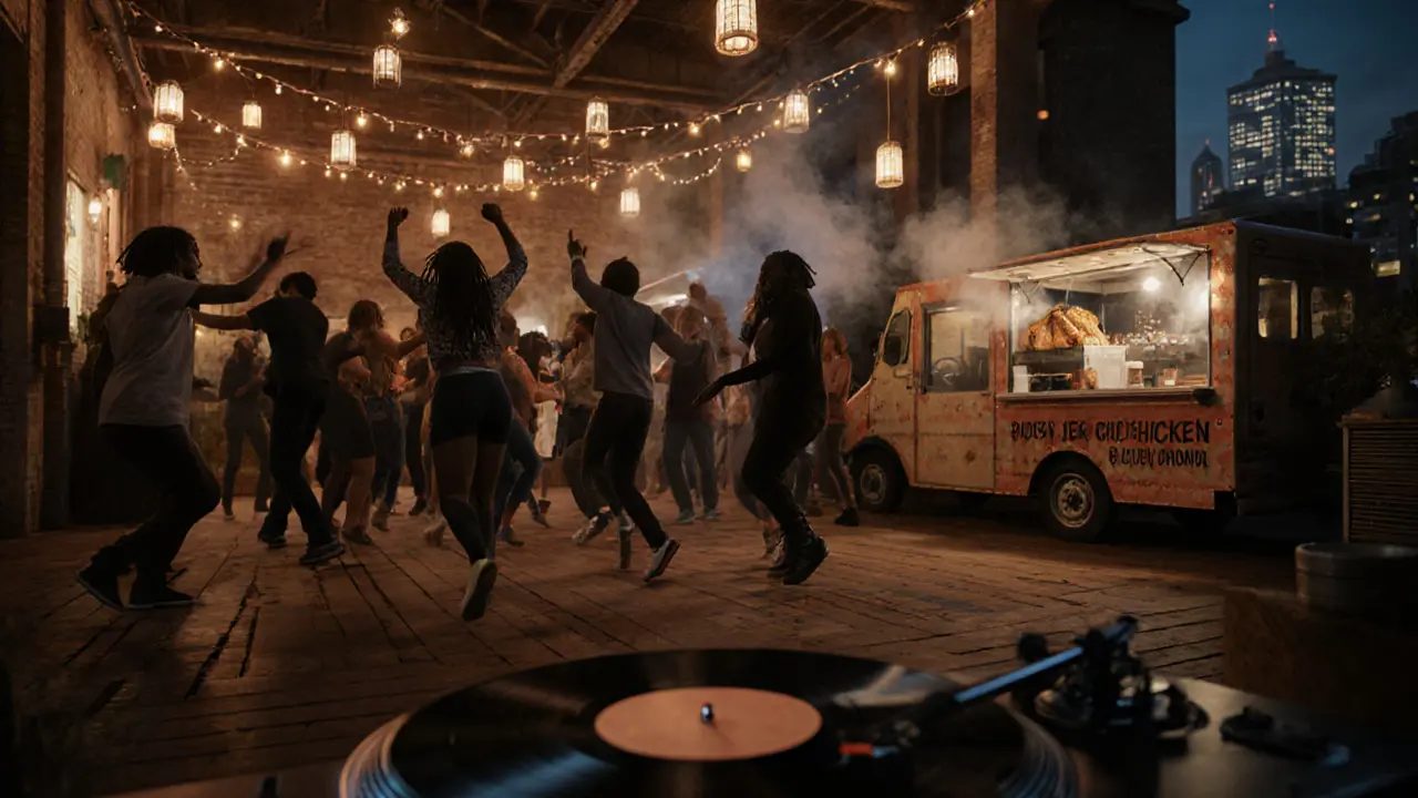 Peckham&#039;s Bussey Building at midnight with dancing, rooftop garden, and food truck under string lights.