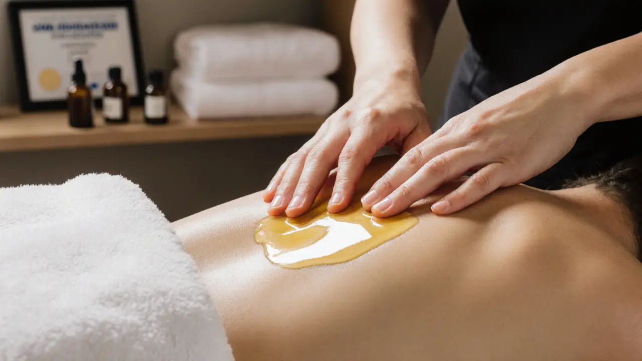 Professional hands applying oil to a back with proper draping, medical-grade oils visible in background.
