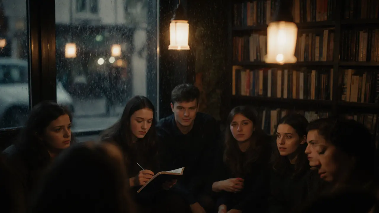 Quiet poetry night at Bar Out with listeners captivated by a performer in dim lantern light.