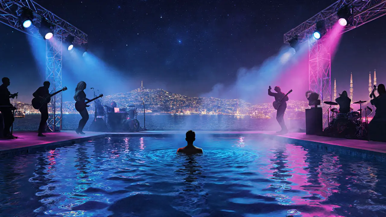 Reina nightclub on the Bosphorus with dancers, water reflections, and a swimmer under starlight.