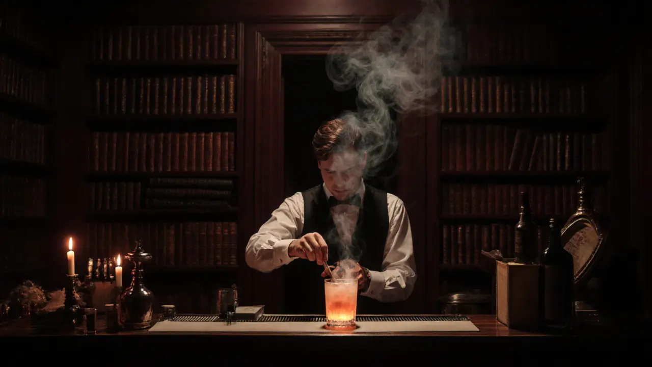Secret speakeasy bar with candlelit cocktails behind a bookshelf.