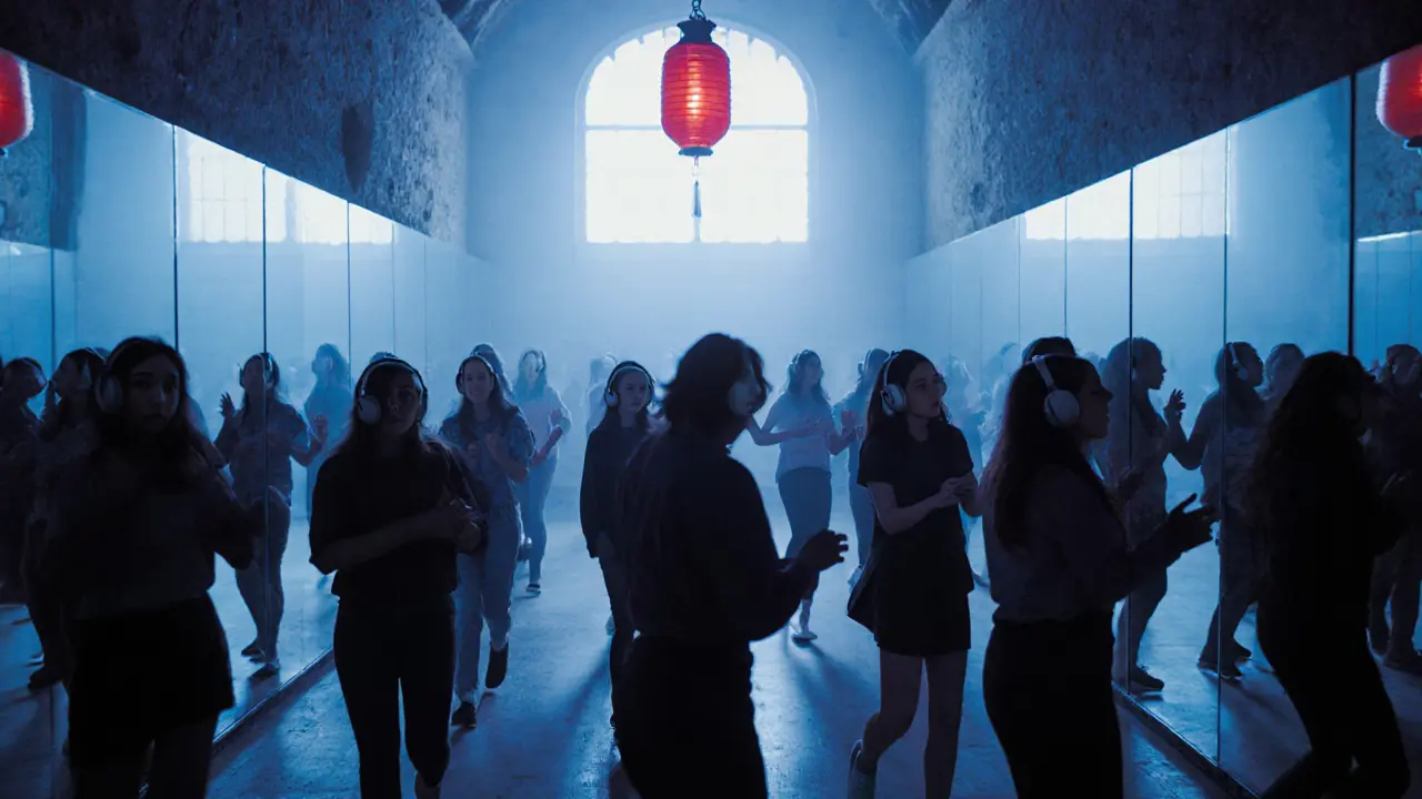 Silent disco in a mirrored chapel, people dancing in silence wearing headphones under cool blue lighting.
