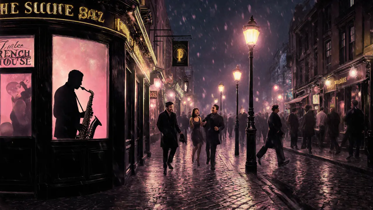 Soho&#039;s narrow streets at night with jazz bars, neon signs, and people spilling out onto cobblestones.