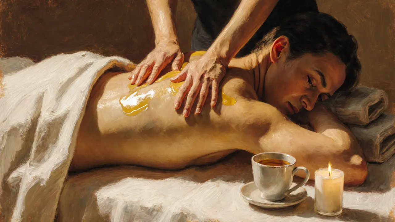 Therapist&#039;s hands applying slow, oily strokes on a client&#039;s back under soft lamplight.