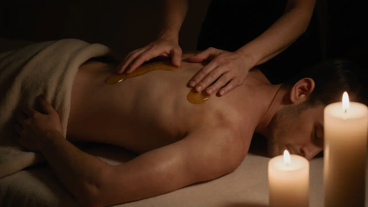 Therapist&#039;s hands gently massaging a client&#039;s back and thigh with oil, evoking trust and mindful touch in a private setting.