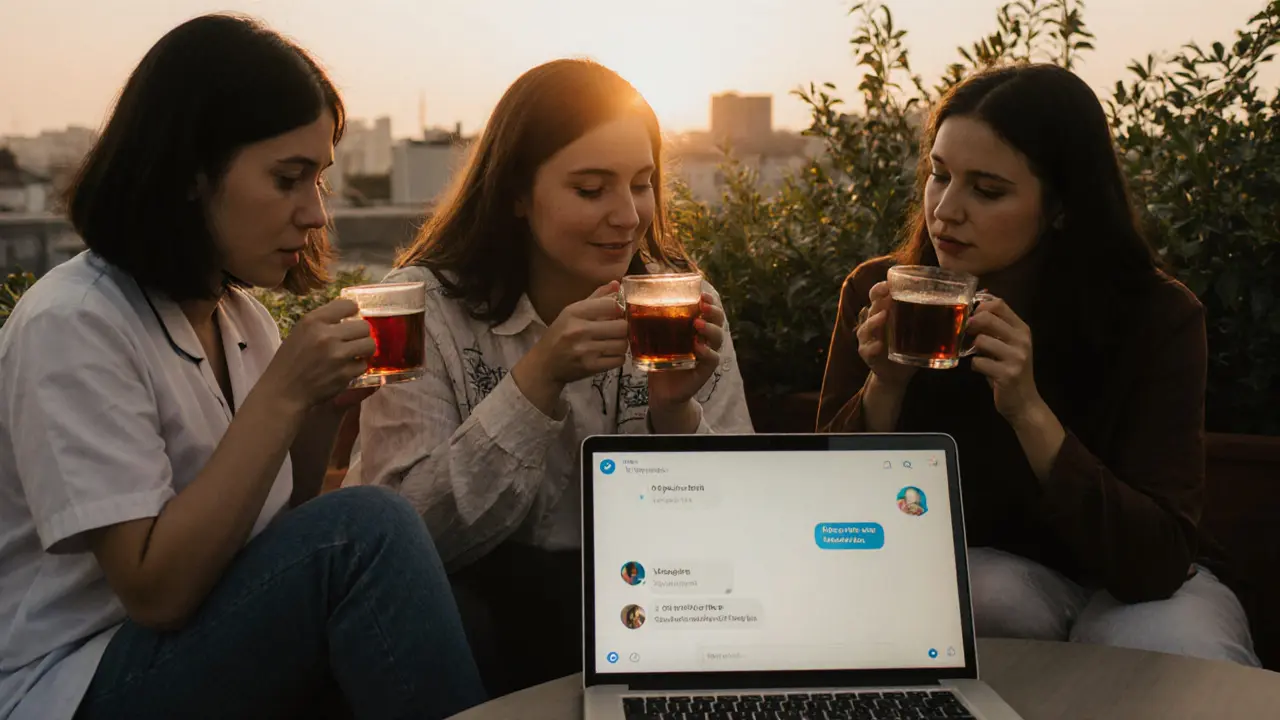 Three women from different countries sit together in a garden at dawn, sharing tea and a private messaging app on a laptop.