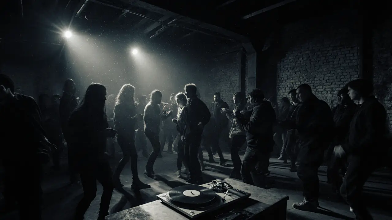 Underground club at 3 a.m. with dancers silhouetted under a single spotlight, vinyl spinning in the dark.