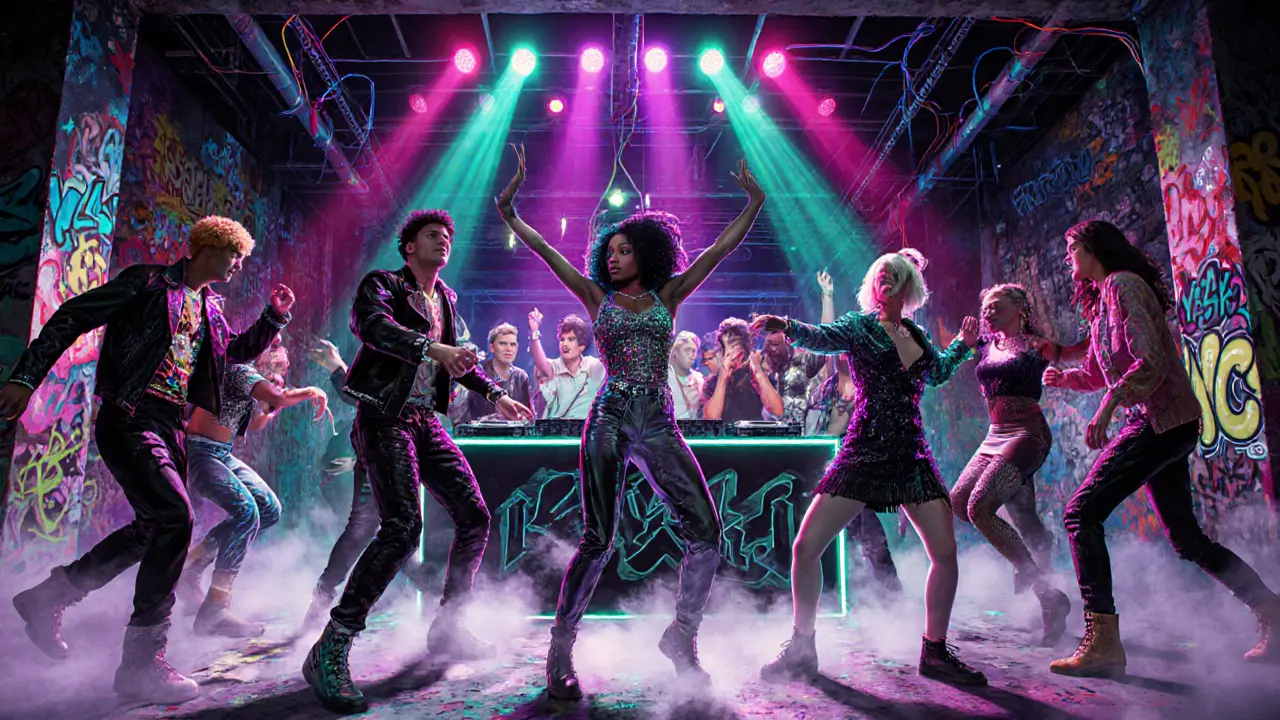 Underground queer party at Club Kali with dancers in bold outfits under pulsing neon lights.