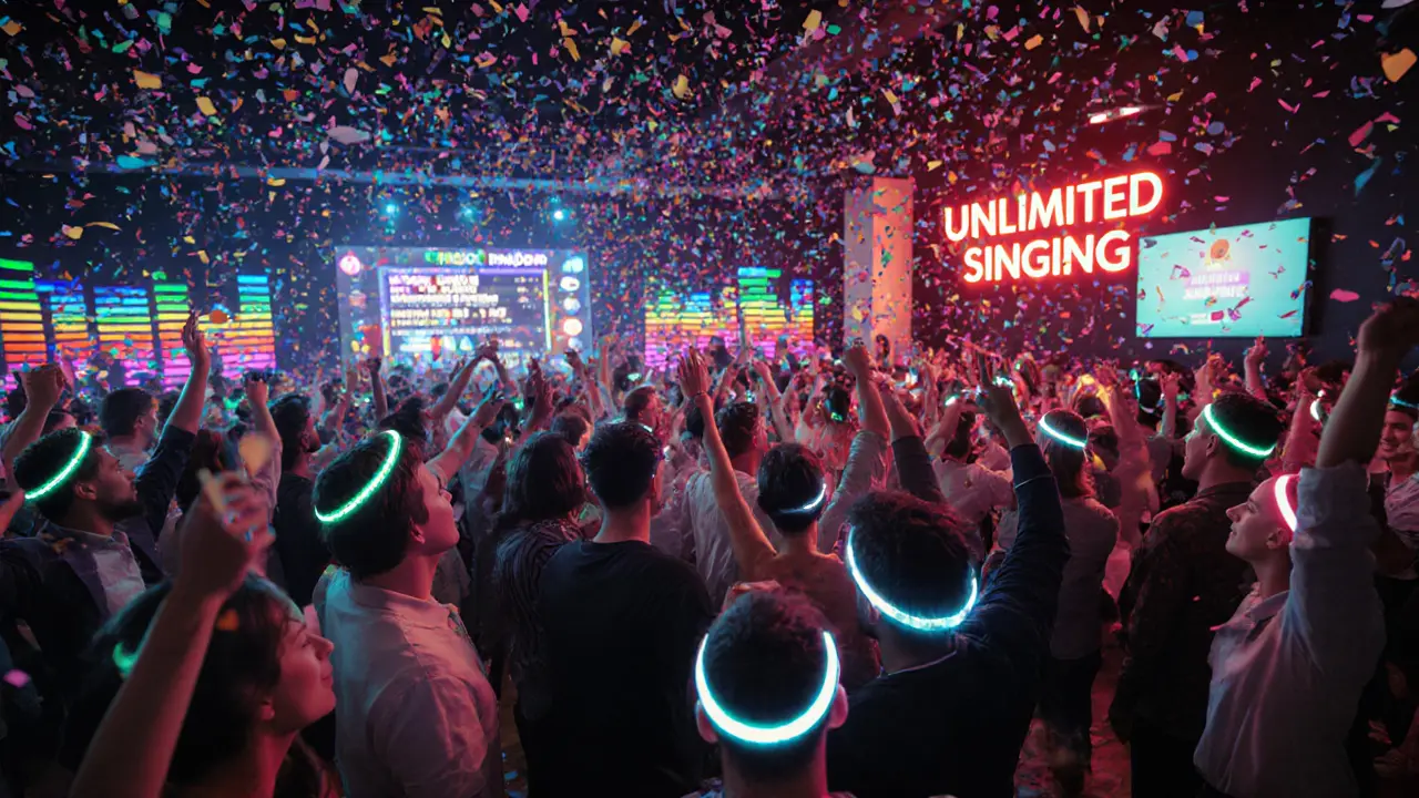Vibrant karaoke party with confetti, glowing microphones, and a crowd dancing under neon lights.