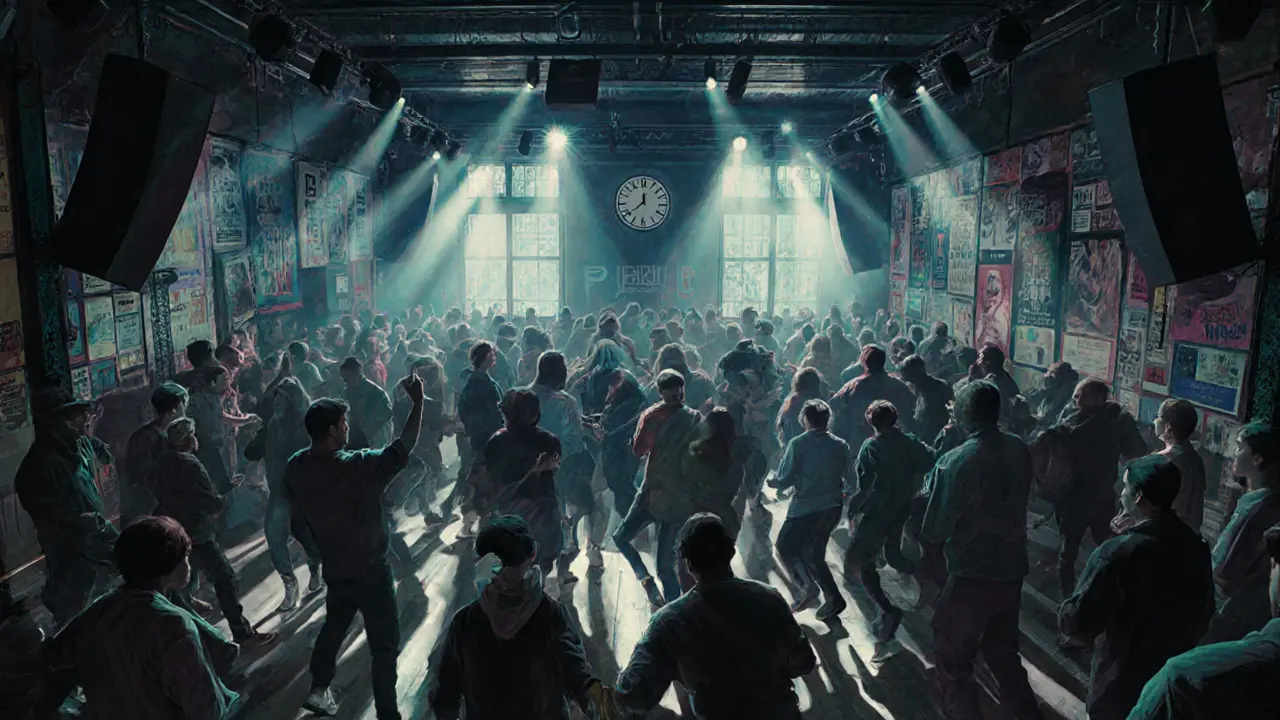 Vibrant nightclub dance floor at dawn with hundreds moving to electronic music under strobe lights.