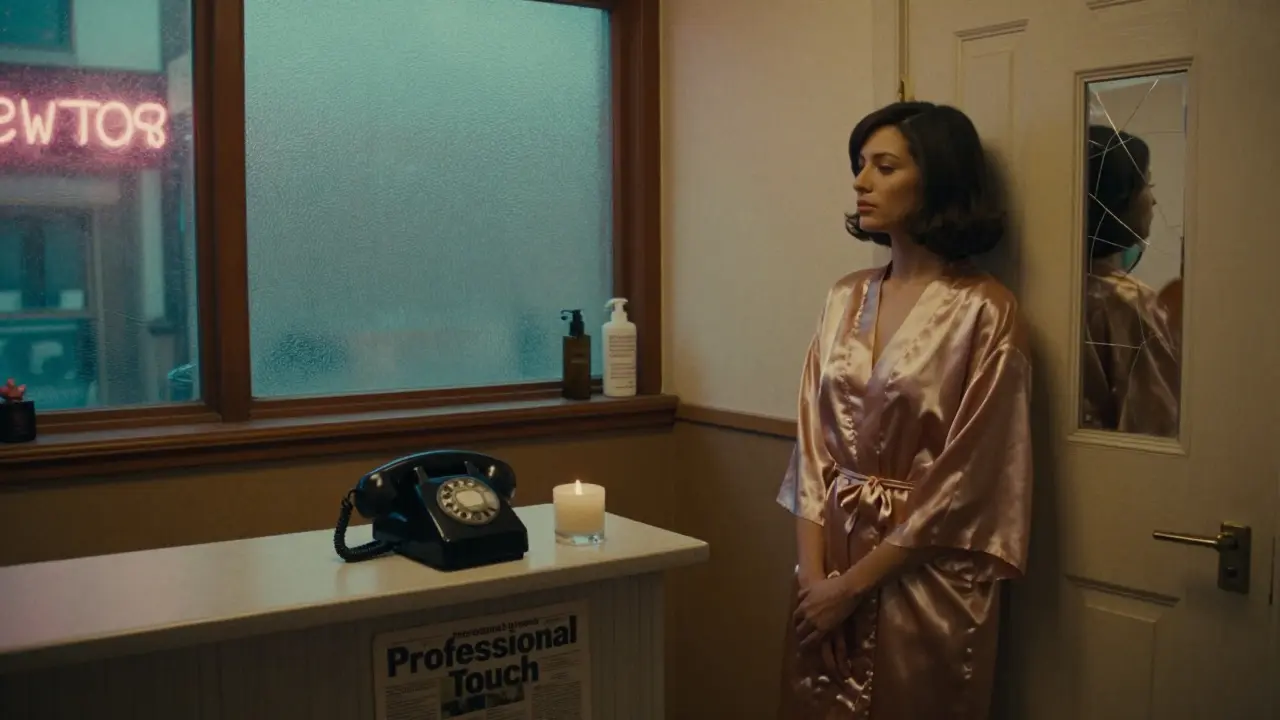 A 1970s London massage parlor with neon glow and underground ads, a woman waiting quietly by a closed door.