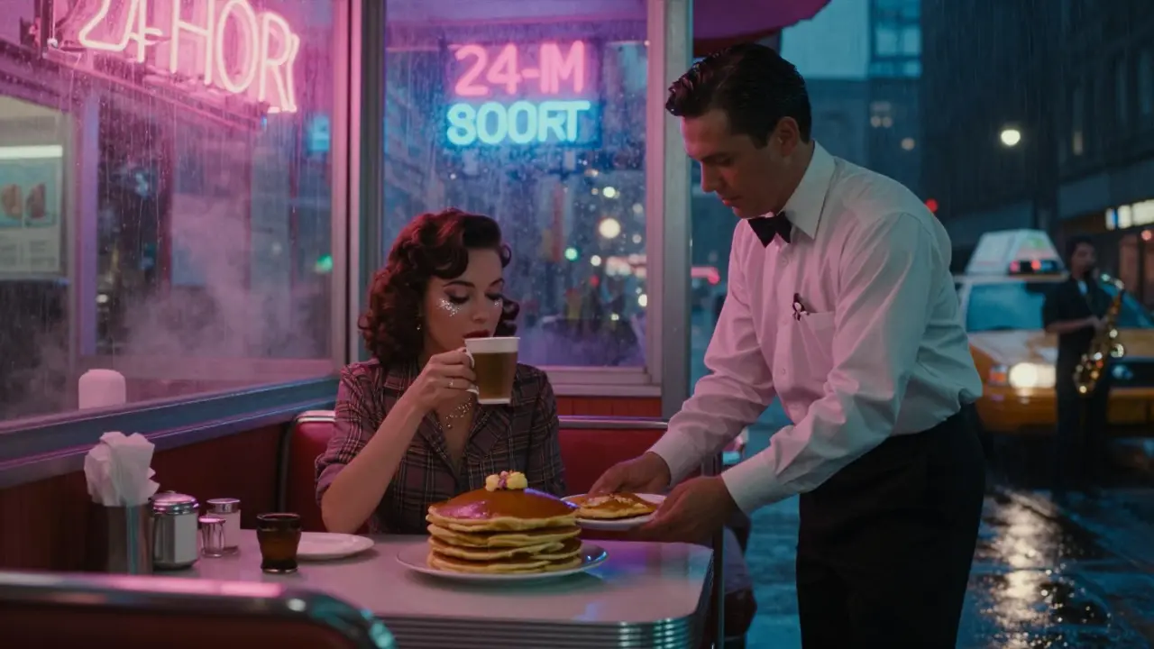 A 24-hour diner at 3 a.m. with neon glow, a woman drinking coffee, and rain-slicked streets outside.