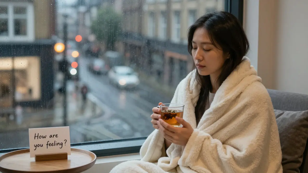 A client relaxes in a cozy lounge after a session, wrapped in a blanket with rain outside the window.