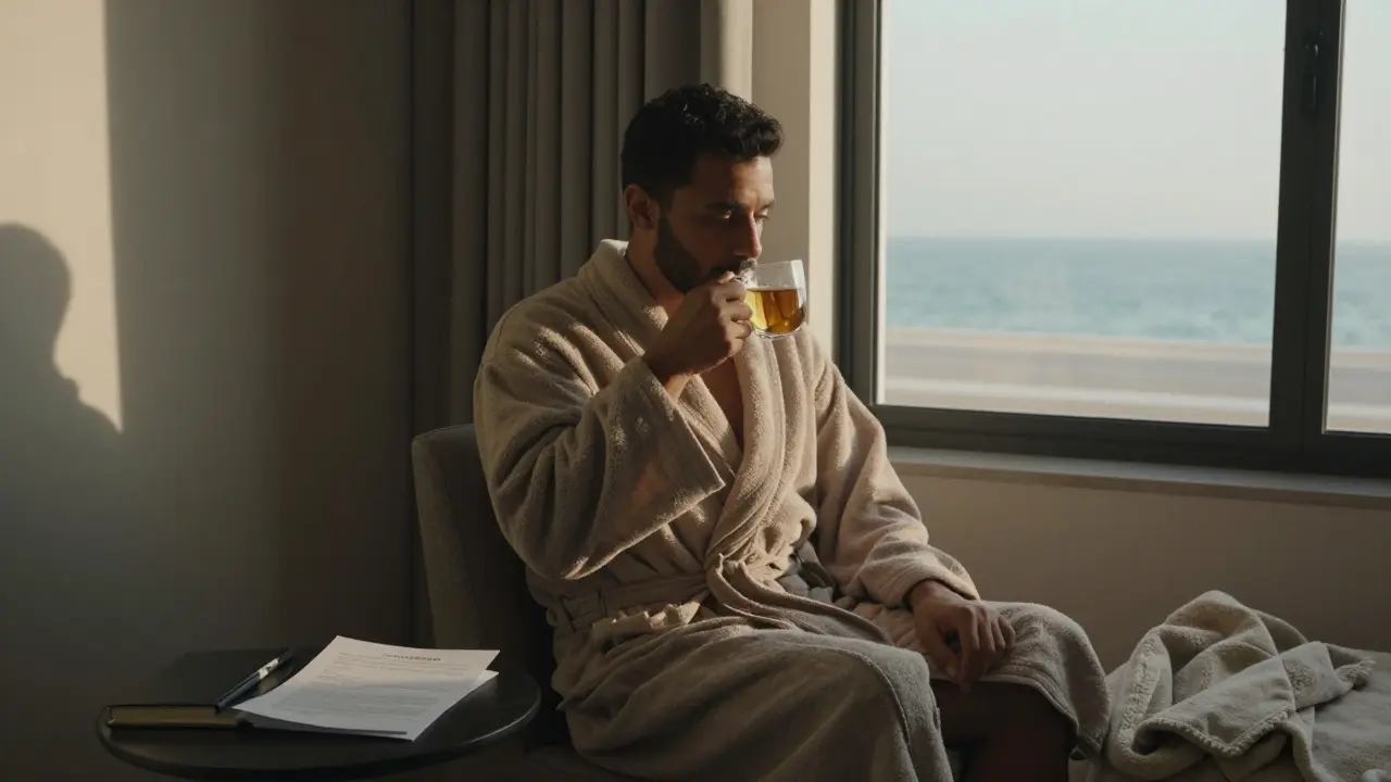 A client wrapped in a robe, sipping tea after a session, looking peacefully out at the Arabian Gulf at sunset.