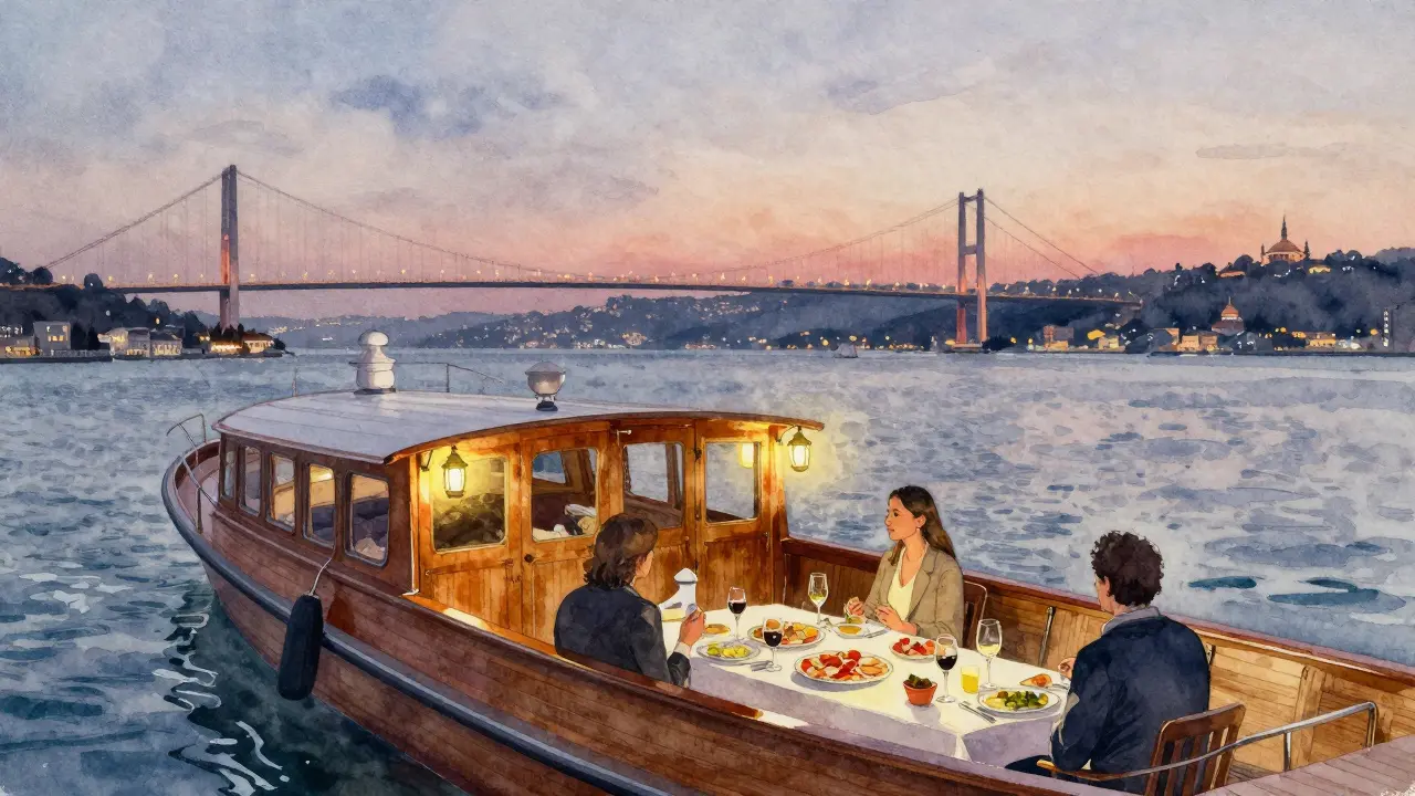 A cozy wooden yacht on the Bosphorus at dusk, lanterns glowing as couples dine under the twilight sky with the bridge in the distance.