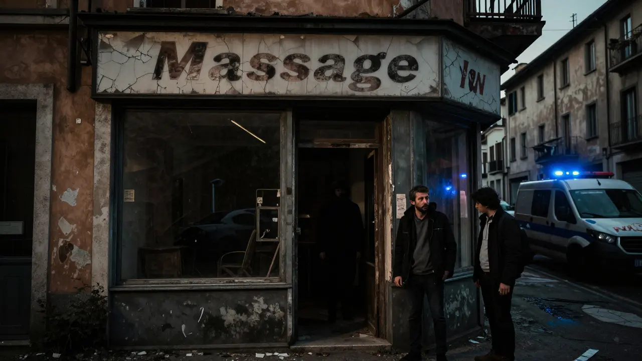 A dark, unlicensed massage storefront in Milan with a hesitant tourist and a police van nearby, suggesting danger.