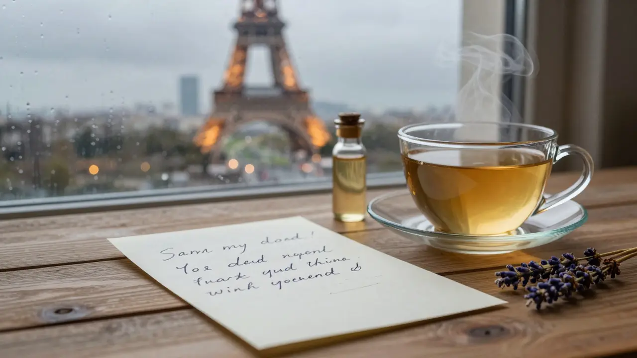 A handwritten note and herbal tea on a wooden table, with the Eiffel Tower visible through a rainy window.