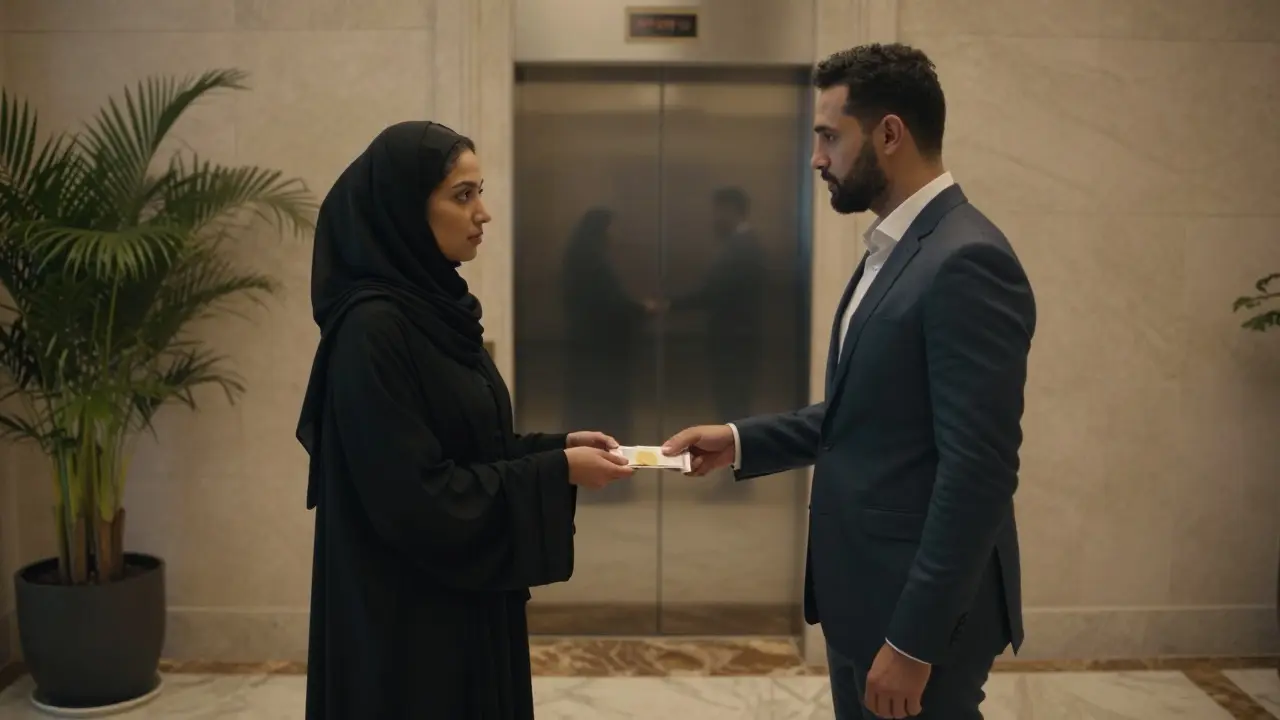 A man and woman exchange cash in a luxury building lobby, avoiding eye contact, surrounded by elegant marble and quiet anonymity.