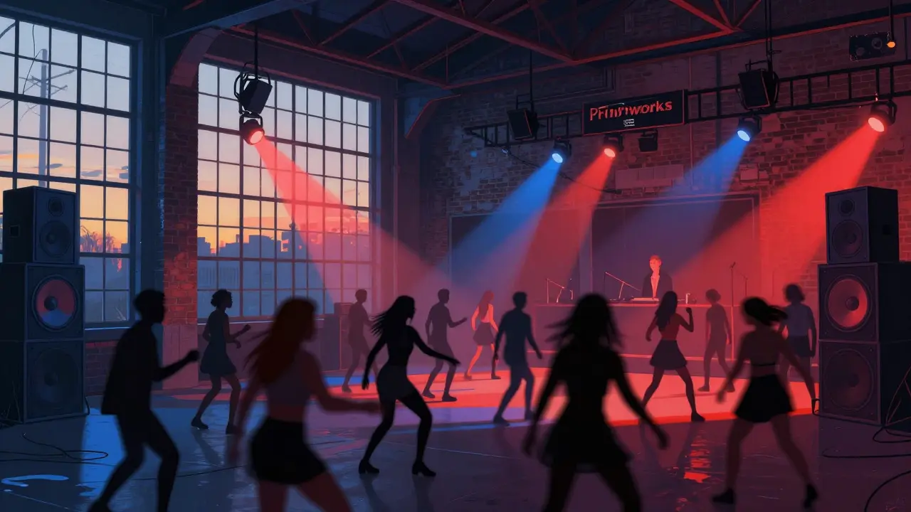 A massive warehouse club at night with dancers lost in bass-heavy music under strobing lights.