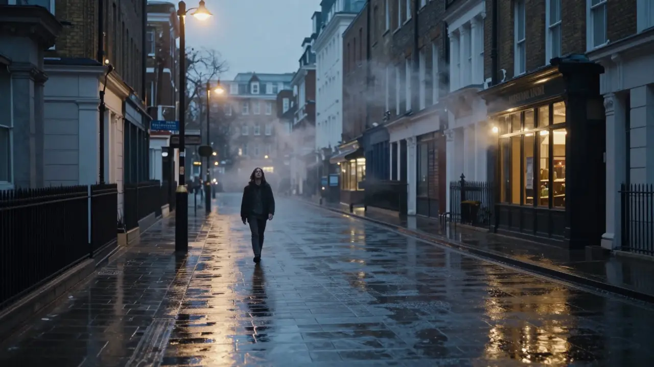 A person walks alone in a quiet, rain-dampened London street at dawn, symbolizing emotional renewal after a healing experience.
