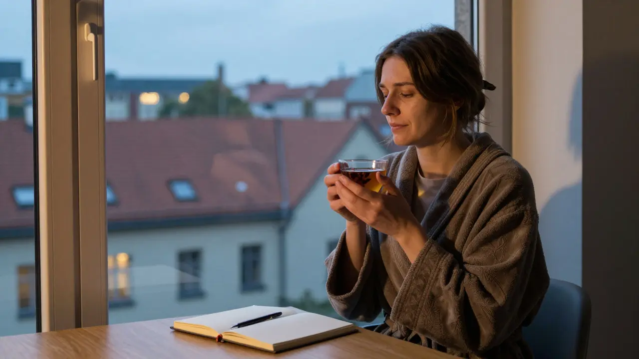 A person wrapped in a robe after a session, sitting quietly by a window with tea, reflecting peacefully as dusk falls over Berlin.