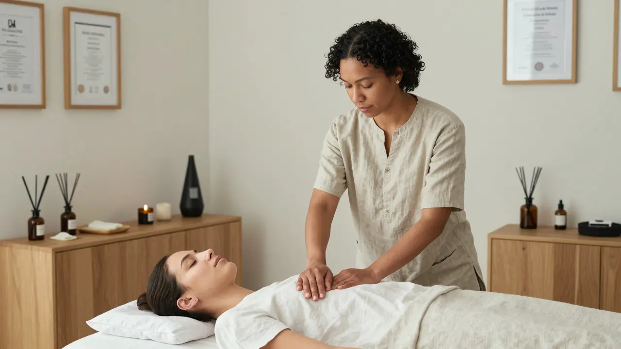 A professional therapist giving a calm, non-penetrative massage in a modern Mayfair wellness studio.