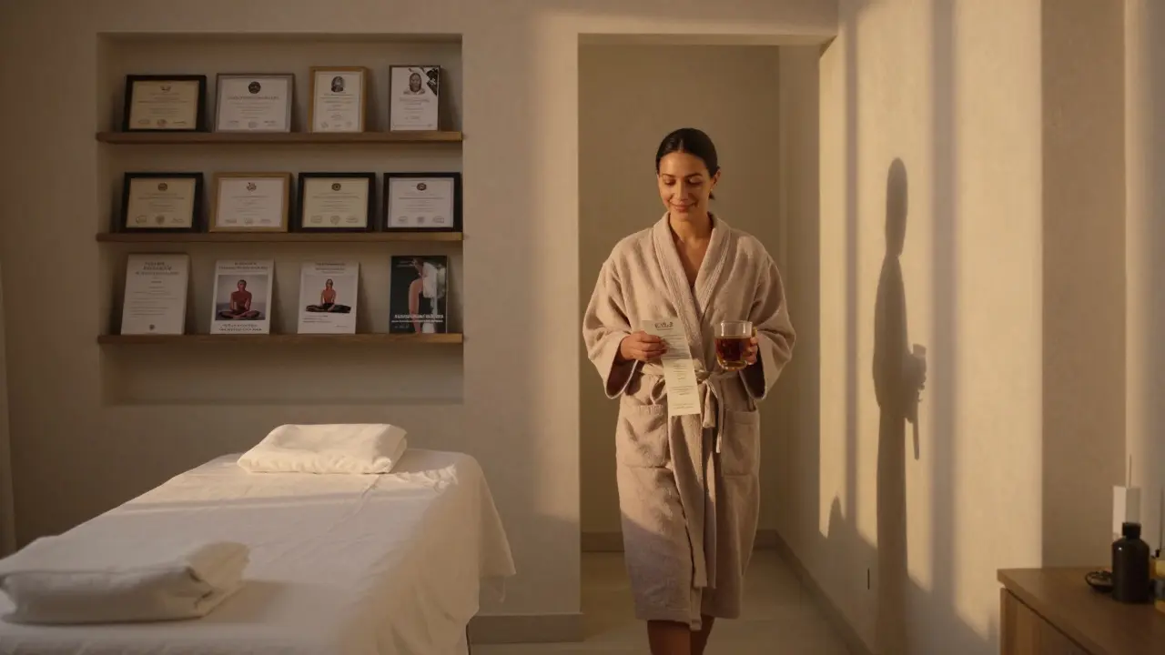 A satisfied client leaving a professional spa with receipt and tea, surrounded by evidence of certified therapy services.