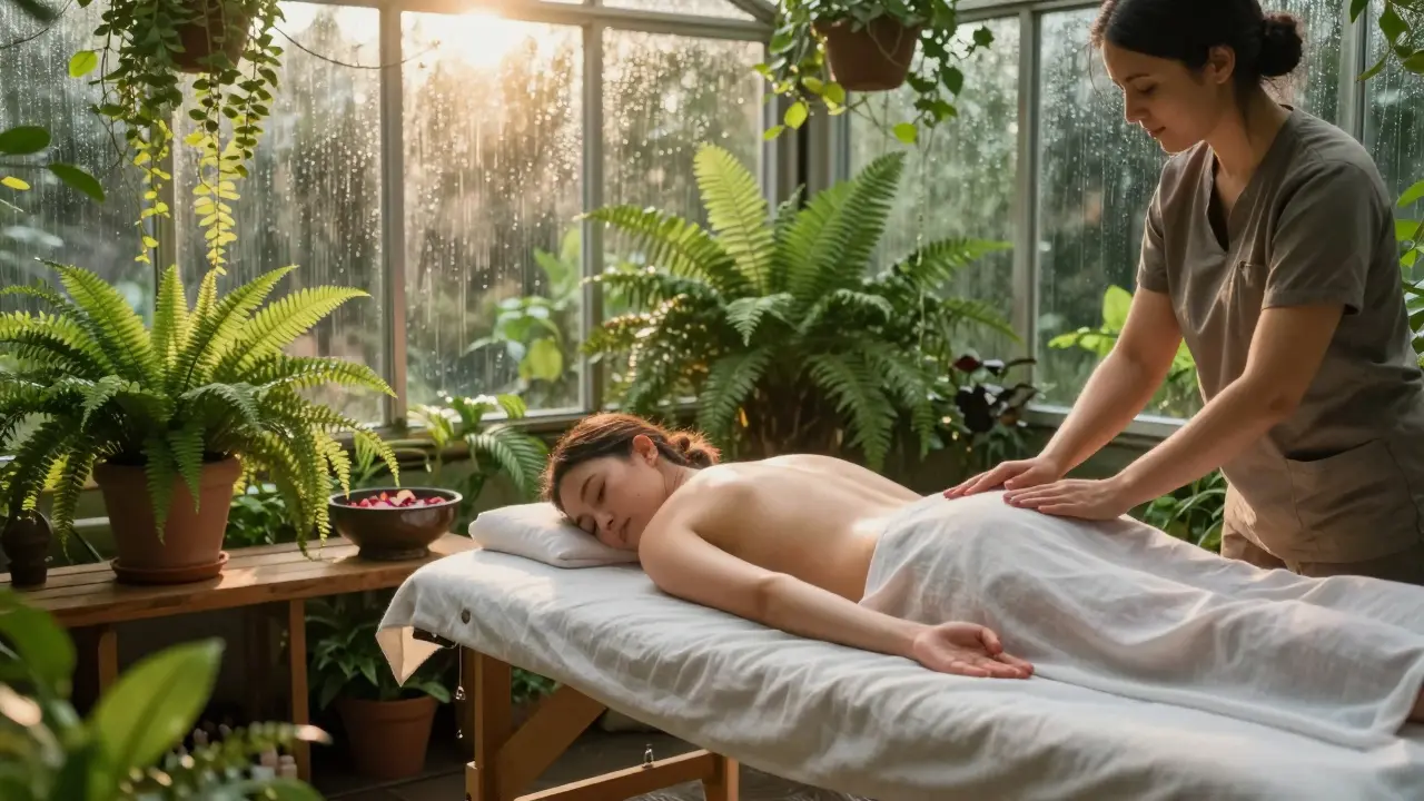 A serene greenhouse sanctuary with sunlight, plants, and a client receiving a massage amid nature.