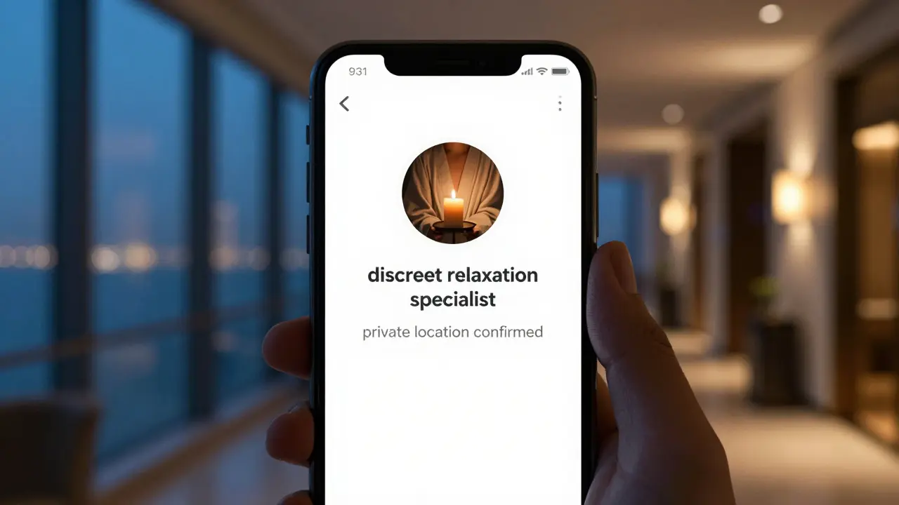 A smartphone screen showing encrypted messages about private massage services with a candle and robe profile image.