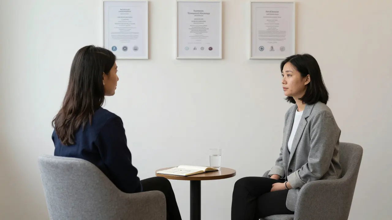 A therapist and client sit in quiet consultation, discussing boundaries in a minimalist room.