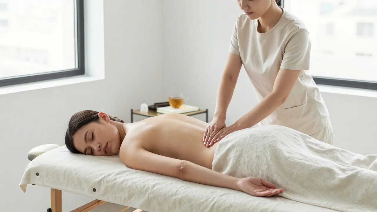 A therapist applying gentle pressure to a client&#039;s back in a minimalist space with natural light and herbal tea.