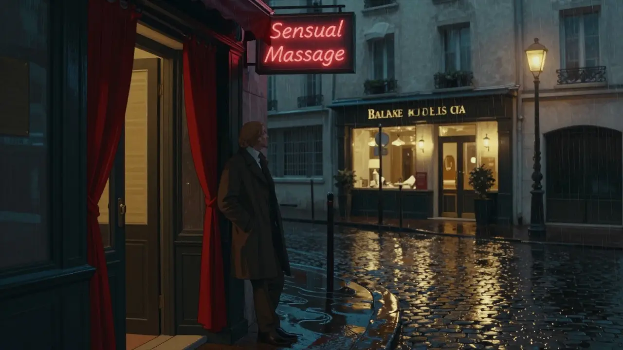 A tourist torn between a suspicious dimly lit doorway and a luxurious, inviting spa across the street in Montmartre.