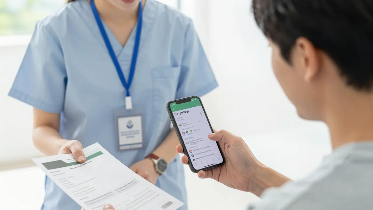 A tourist verifying a licensed wellness center on their phone while a therapist shows official identification.