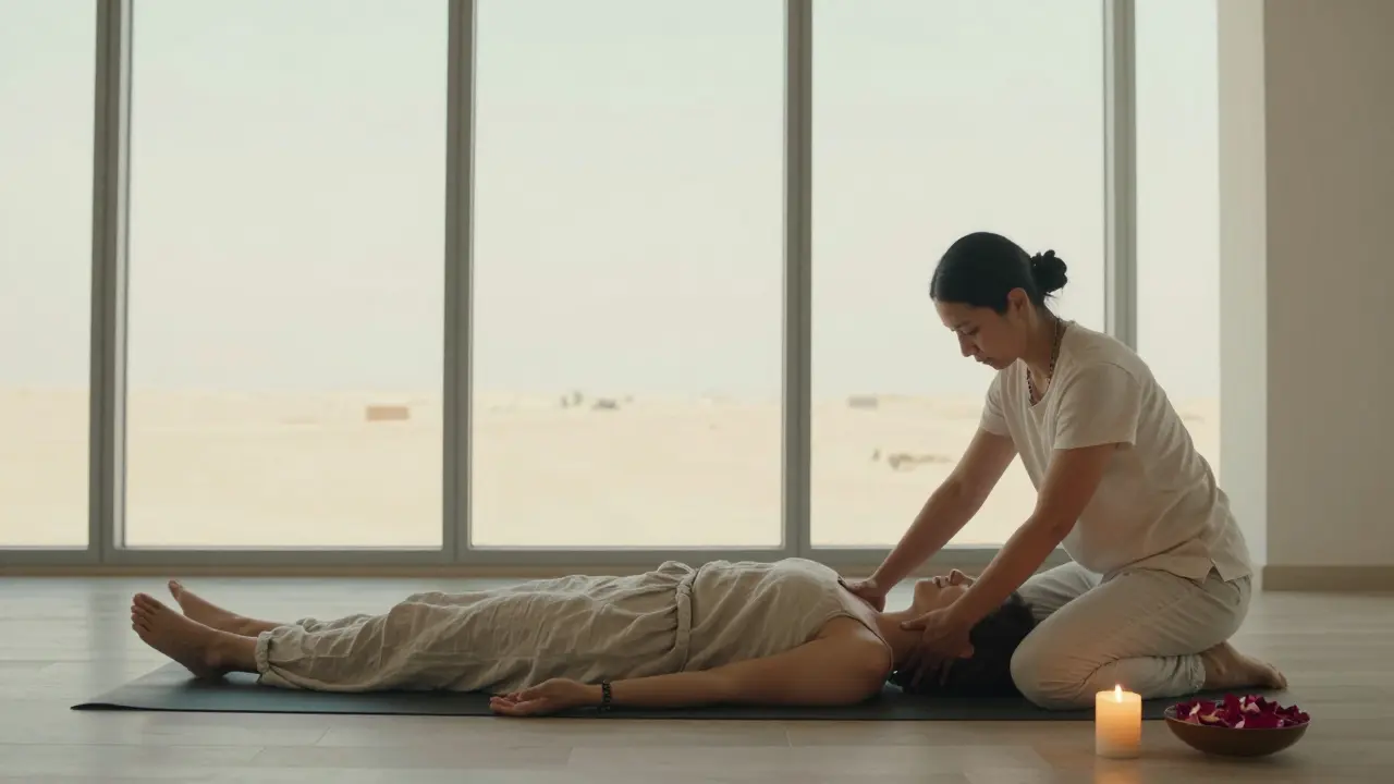 A woman practices gentle breathwork in a sunlit Dubai yoga studio, receiving non-sexual therapeutic touch from a certified therapist.