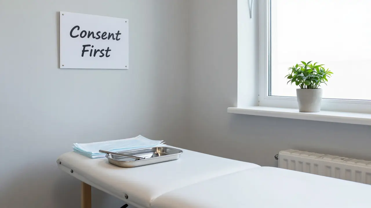 An immaculate therapy room with sterilized tools, disposable sheets, and a 'Consent First' sign.