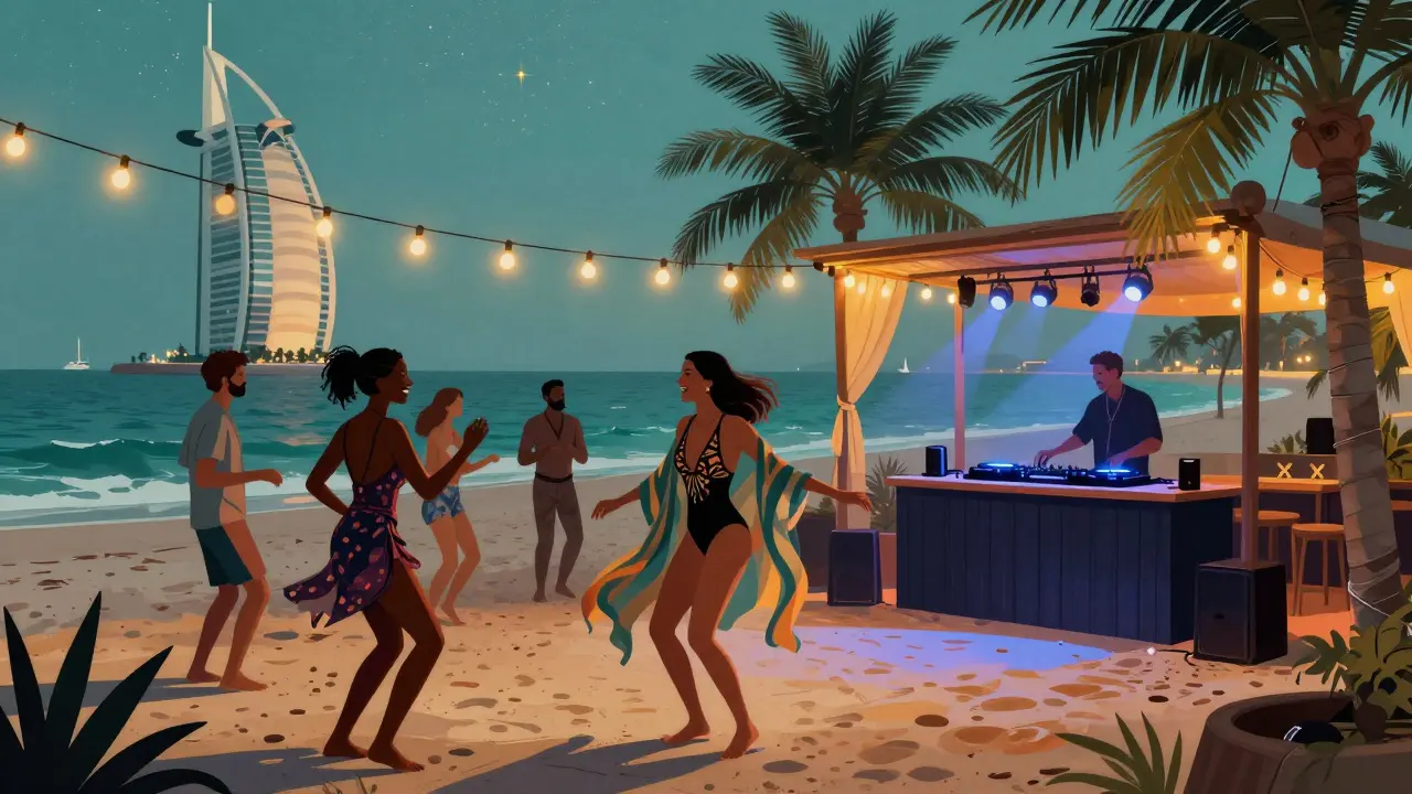 Beachside club on Palm Jumeirah with guests dancing barefoot under string lights and starry skies.