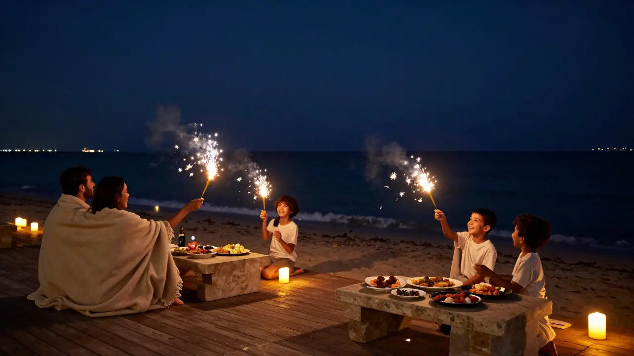 Beachside evening at Abu Dhabi yacht club with candles, blankets, and sparklers under a starry sky.