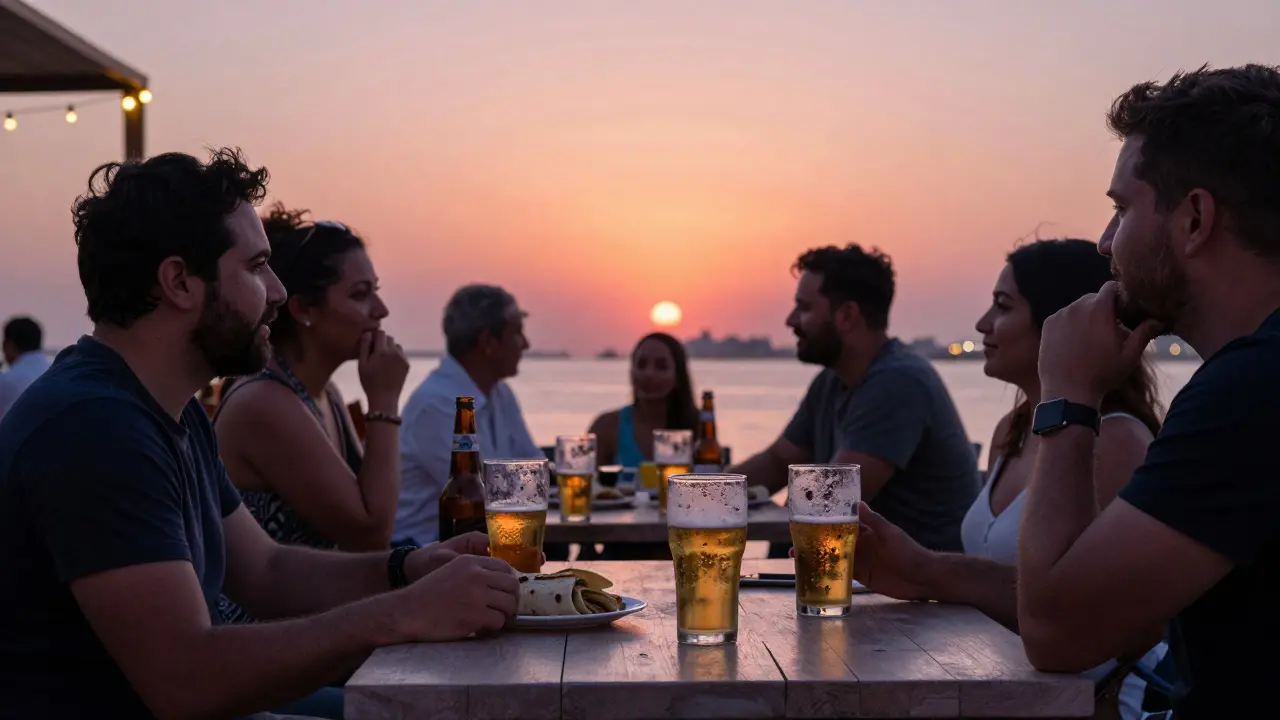Casual sunset scene at Barasti with people enjoying drinks and food by the water.