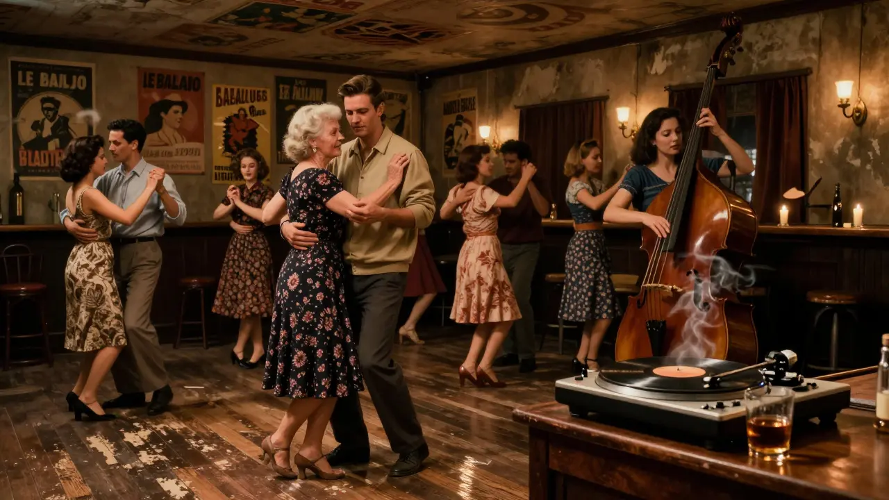 Diverse group dancing in a vintage Parisian bar with low ceiling, candlelight, and vintage Latin posters.