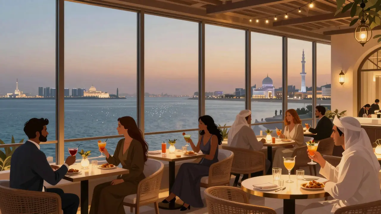 Elegant guests at Sky Lounge overlooking the Persian Gulf with soft lighting and city views.