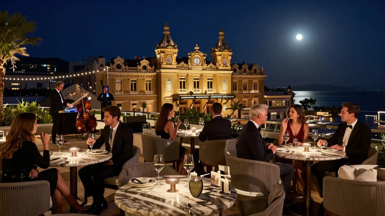 Elegant guests on a rooftop lounge overlooking Monaco’s casino at midnight, sipping champagne under soft lights.