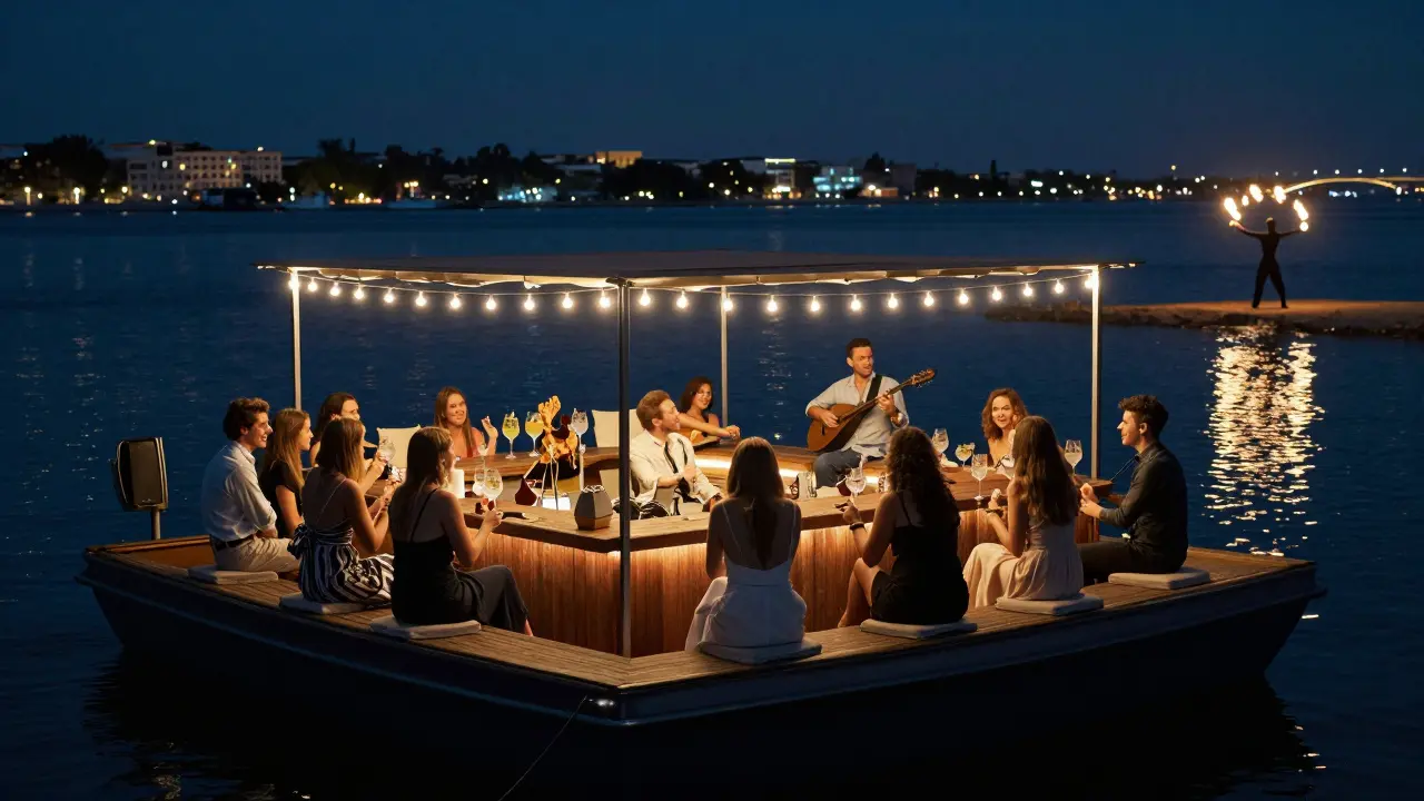 Floating yacht bar on the Corniche with city lights, string lights, and a fire dancer on shore.
