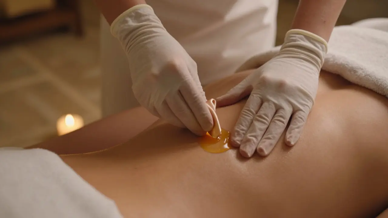 Hands using a silk scarf and warm oil to perform non-contact circular motions near the pelvic area during a sensual massage.