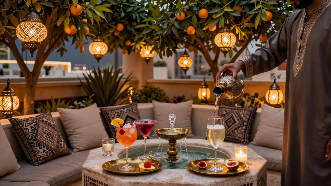Hidden rooftop garden with Moroccan lanterns, fountain, and artisanal cocktails under orange trees.
