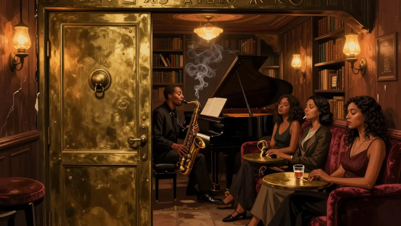 Intimate jazz club interior with saxophonist playing beside a grand piano, patrons lost in music under warm lighting.