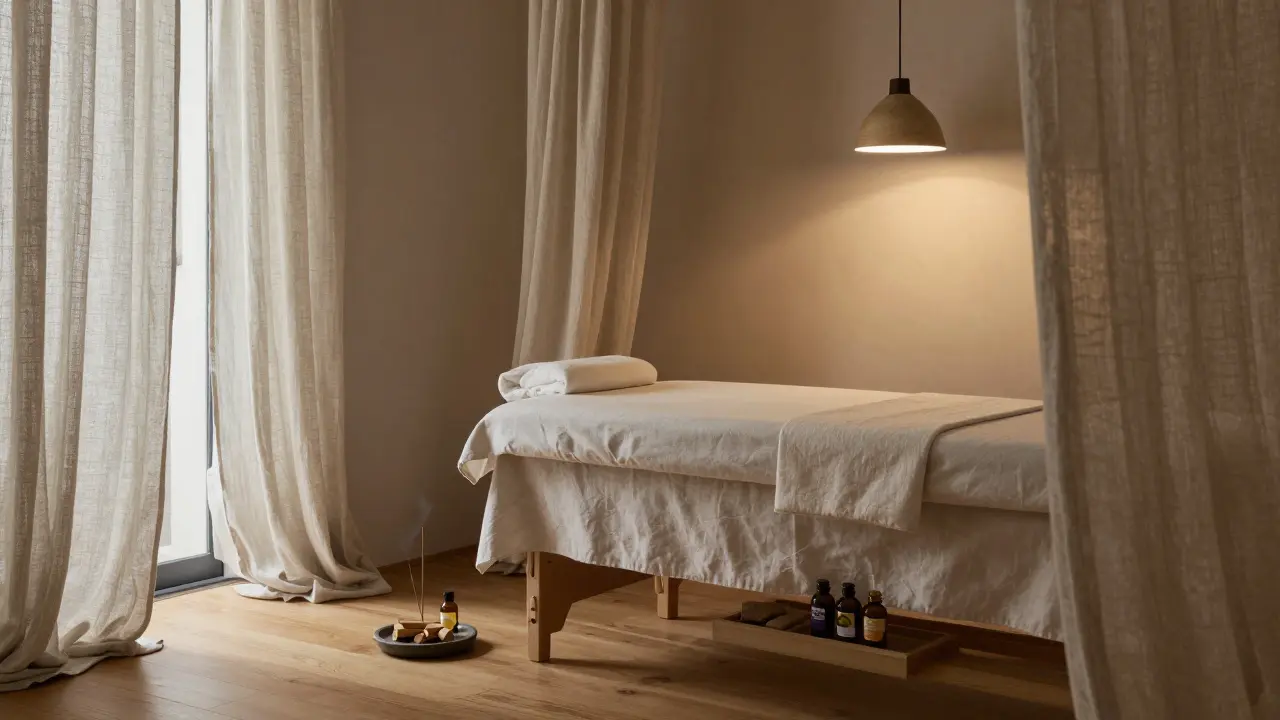 Minimalist massage studio with incense, linen, and soft lighting for private wellness.