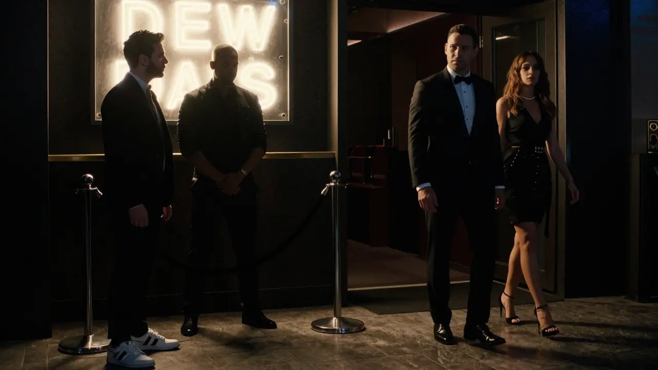 Nightclub entrance in Dubai where a bouncer allows well-dressed guests in while denying someone in sneakers.