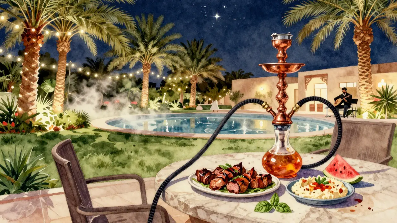 Outdoor shisha garden under fairy lights with palm trees, live music, and a copper hookah beside Middle Eastern dishes.